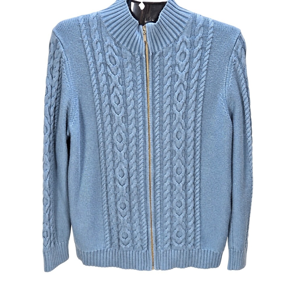 Women's L.L. Bean XL Blue Cable Knit Full Zip Cotton Cardigan Sweater Heritage